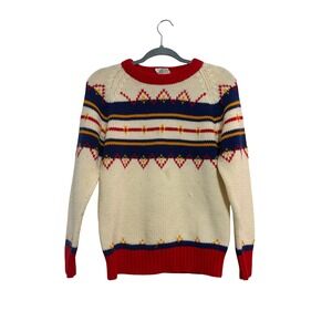 Vintage Sweater Fair Isle Retro Cream Red Blue Geometric Knit Small